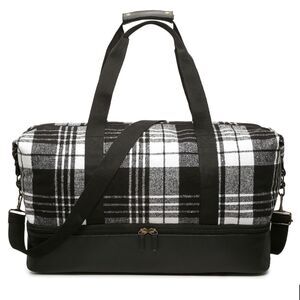 Plaid Weekender with Shoe Compartment Duffle Overnight Bag Black and White